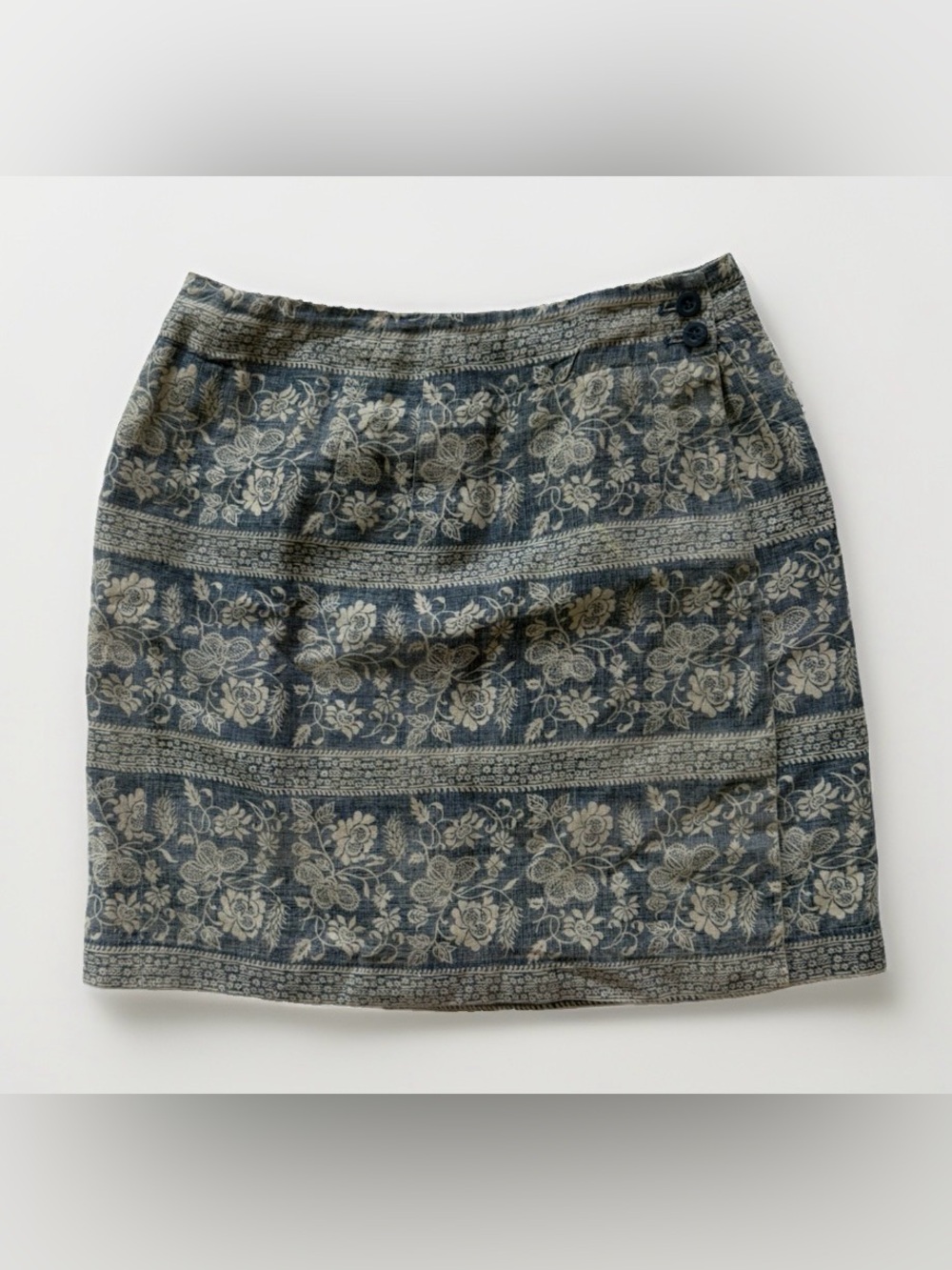 Vintage 90s Charter Club Linen Wrap Mini Skirt 6P Botanical Floral Coastal Boho
